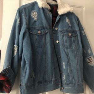 BooHoo Denim jacket with red plaid inside